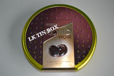 China Printed Ferrero Chocolate Round Tin Box With Embossing And Wire Hinge supplier