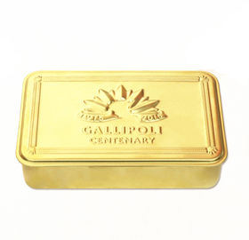 China Promotional food storage tins gold color candy with hinged lid and embossed logo supplier