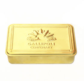 Promotional food storage tins gold color candy with hinged lid and embossed logo supplier